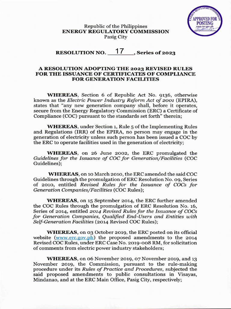 ERC Resolution No.17, Series Of2023, Revised COC Rules PDF Electric Power Transmission