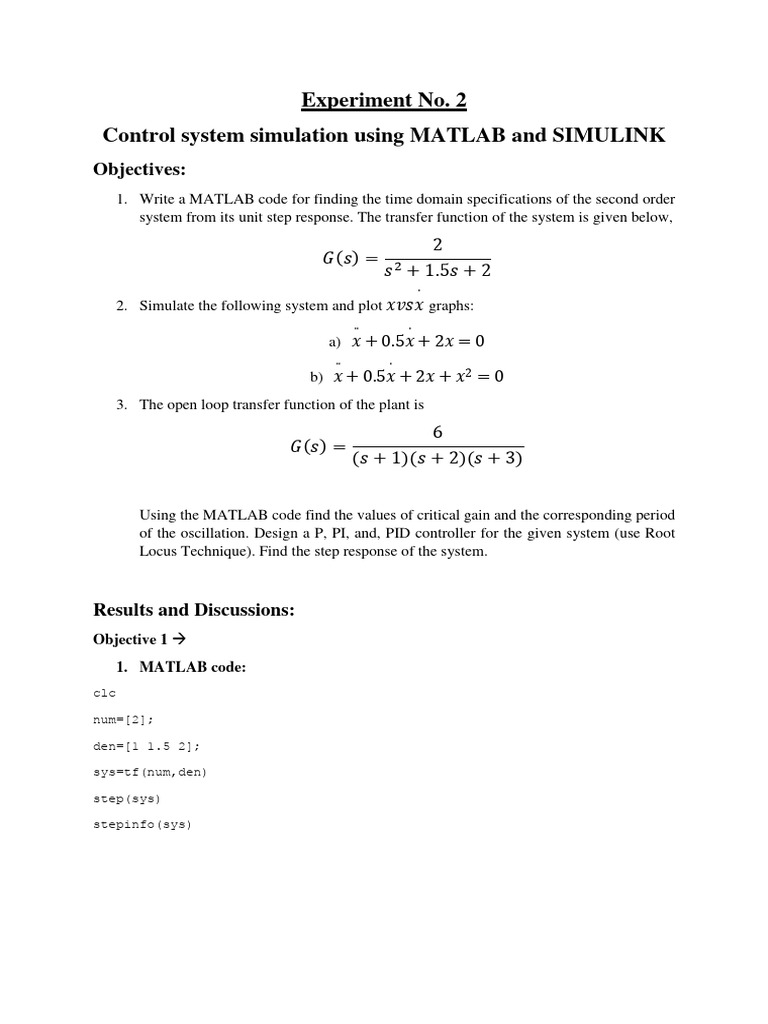 Experiment No. 2 Control System Simulation Using MATLAB and SIMULINK ...