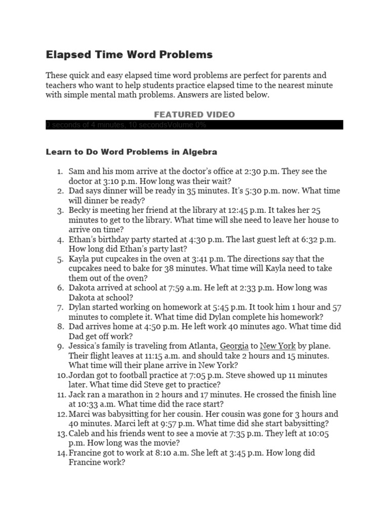 Elapsed Time Word Problems | PDF