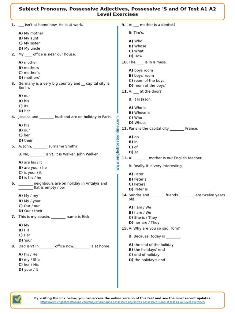 405 - Subject Pronouns Possessive Adjectives Possessive S and of Test ...