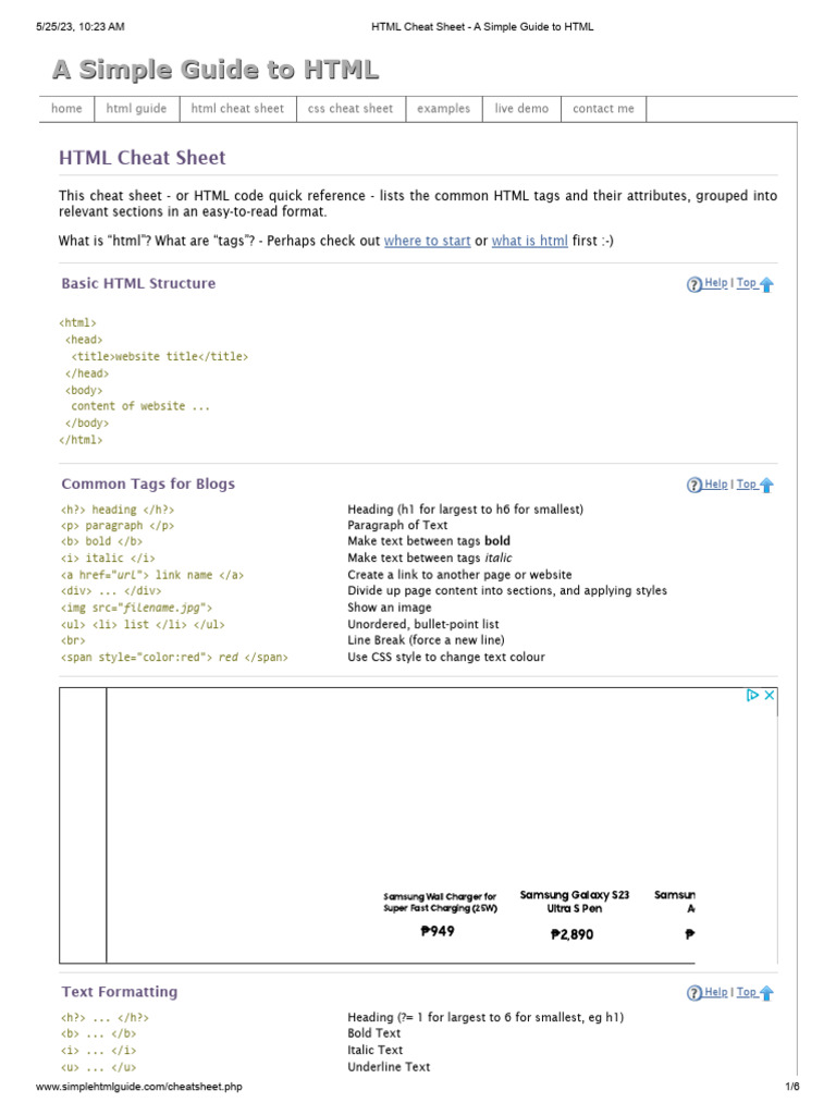 HTML Cheat Sheet - A Simple Guide To HTML | PDF | Html Element | Html