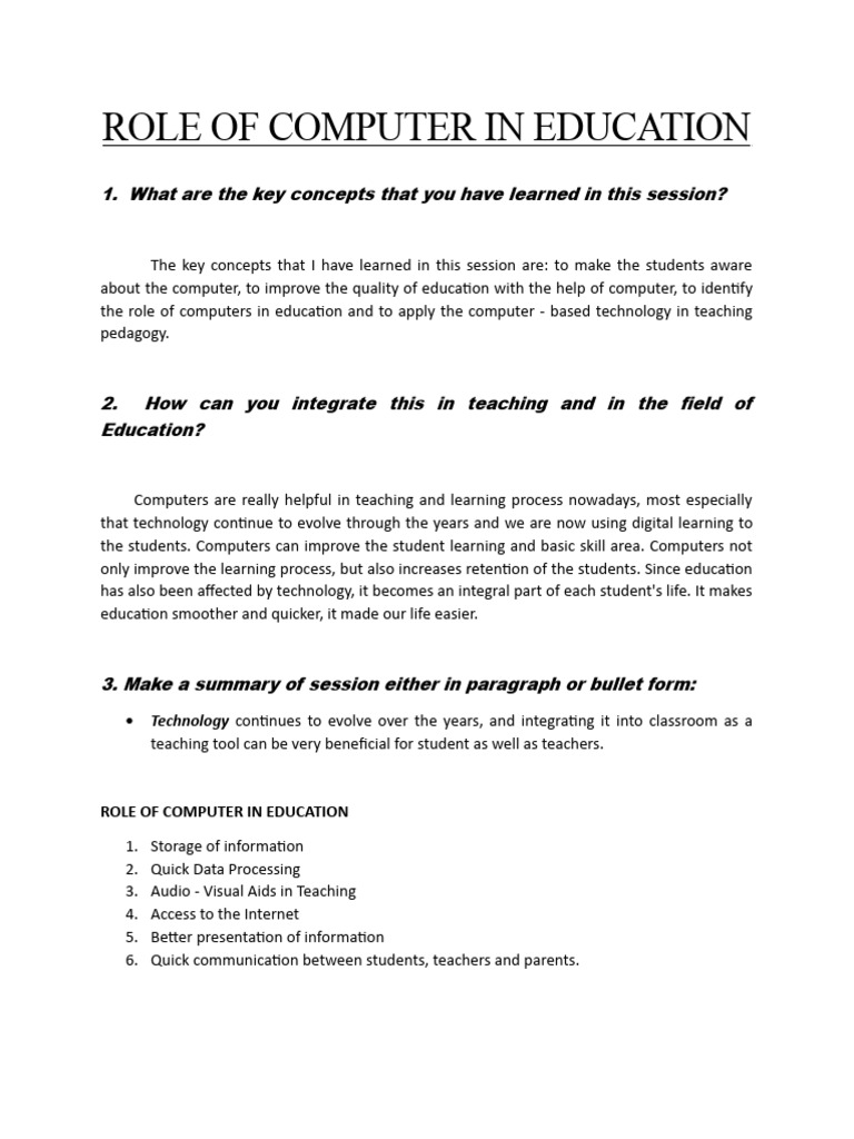 Role of Computer in Education | Download Free PDF | Information | Learning