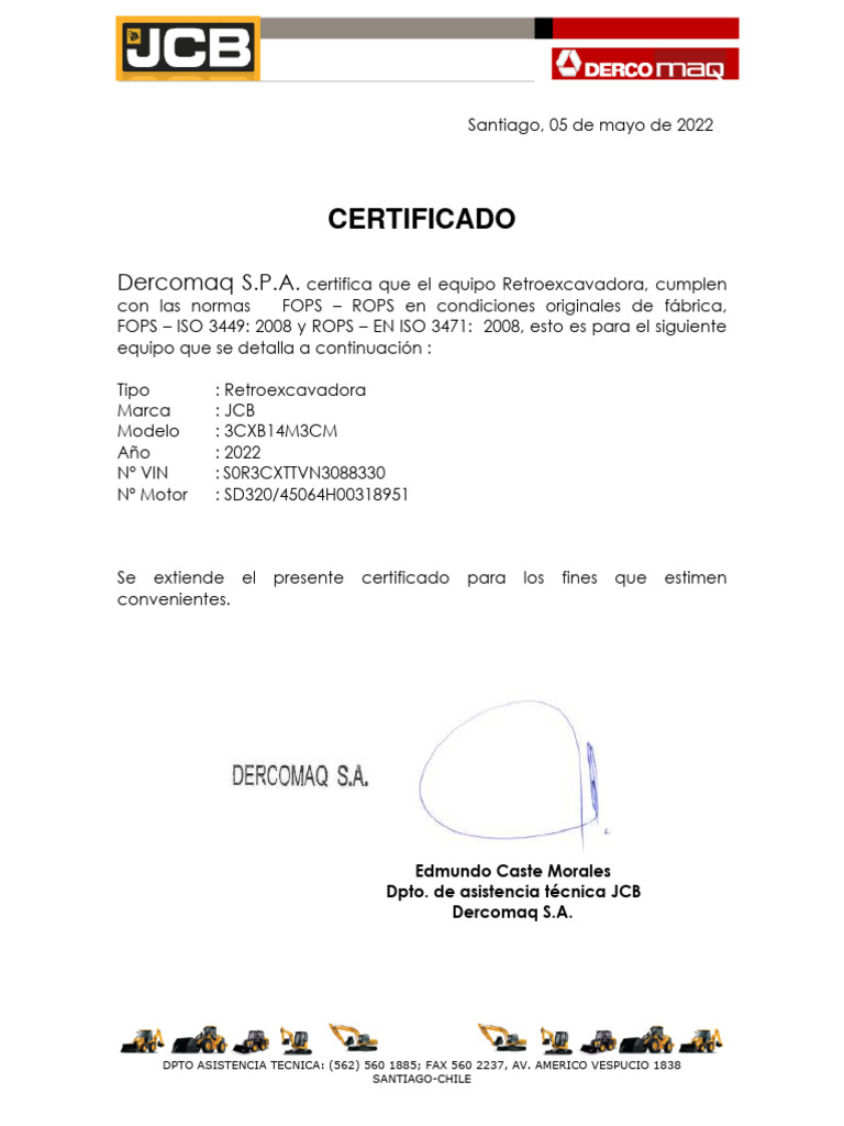 Certificación ROPS/FOPS Retroexcavadora JCB | PDF