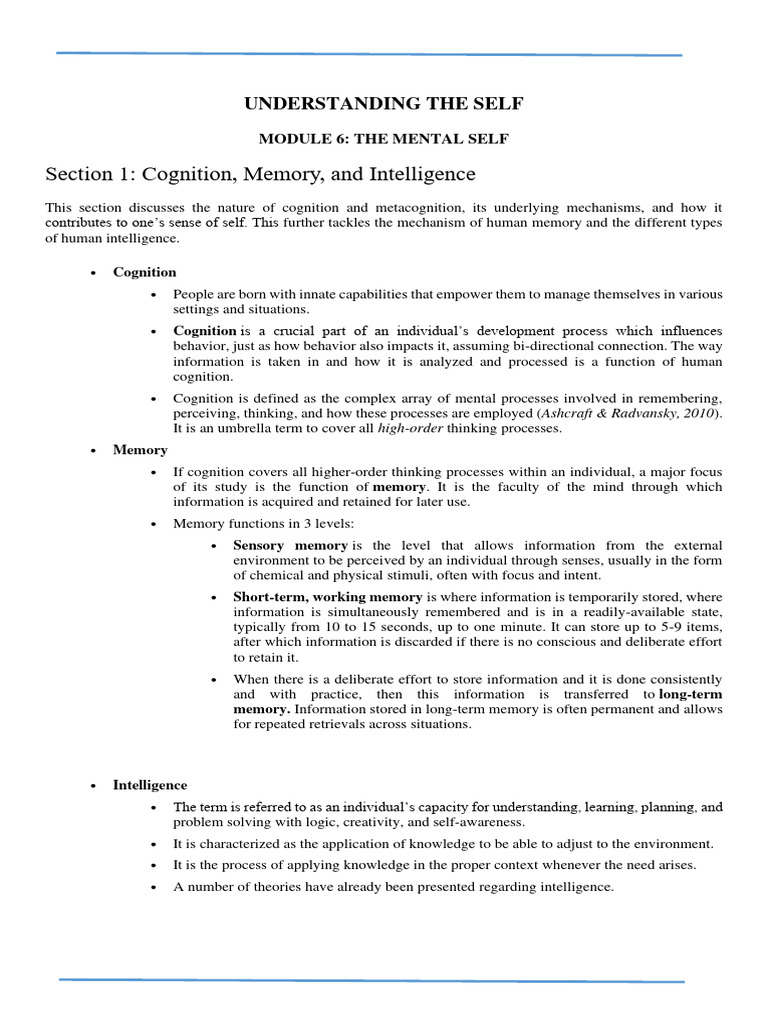 Uself Lesson 6 The Mental Self | PDF | Learning | Intelligence