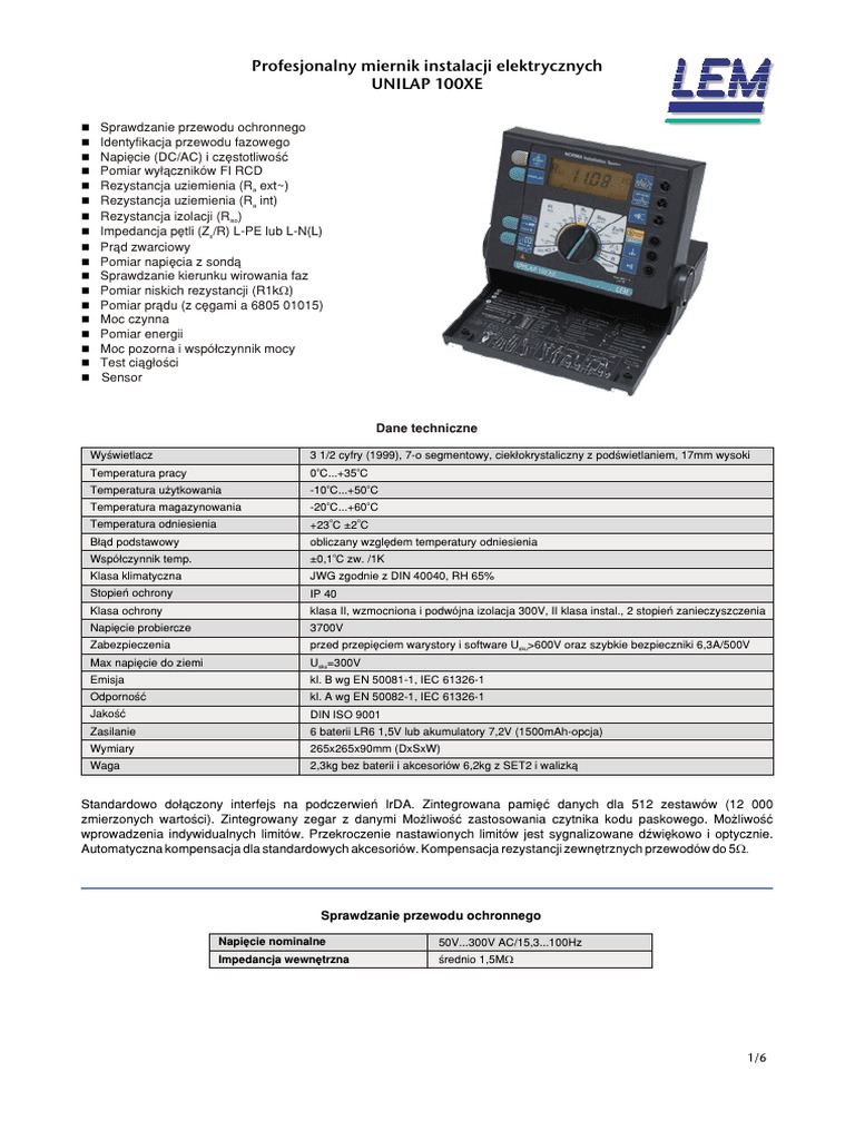 Profesjonalny Miernik Instalacji Elektrycznych Unilap 100xe: Dane ...