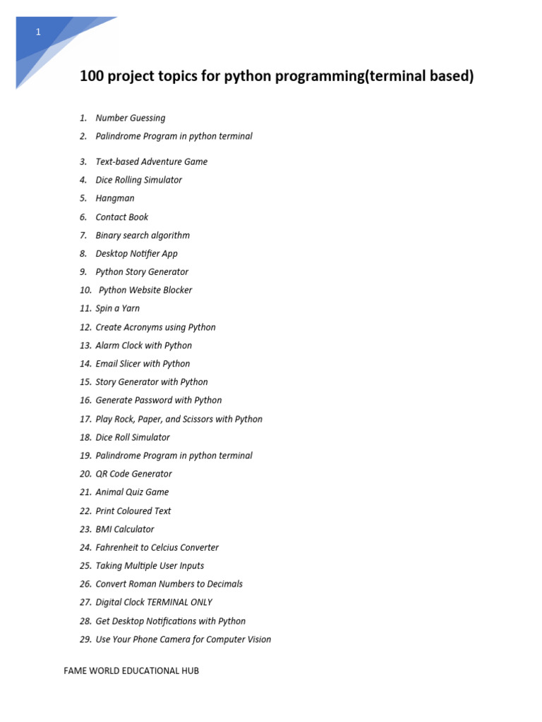100 Project Topics For Python Programming | PDF | Python (Programming ...