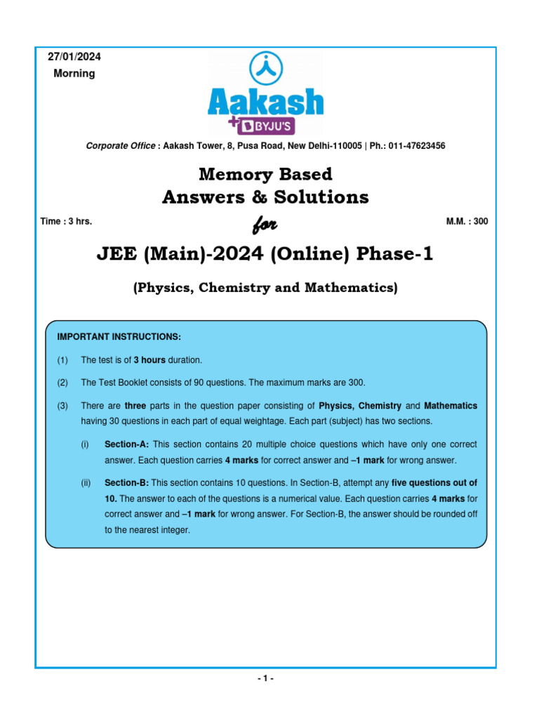 JEE Main 2024 Phase-1 Solutions | PDF | Momentum | Mass