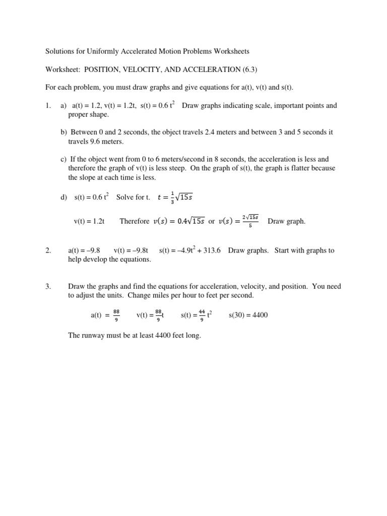 Solutionsfor Uniformly Accelerated Motion Problems Worksheets CH 6