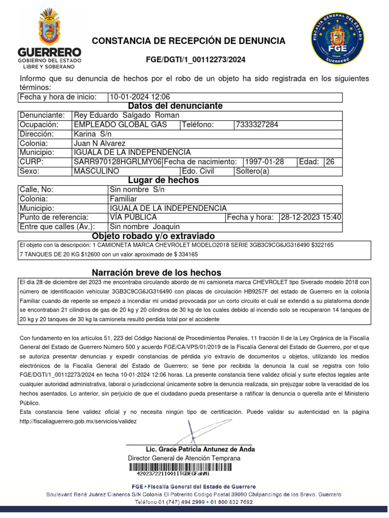 Constancia de Denuncia por Robo de Vehículo | PDF | Justicia | Crimen y ...