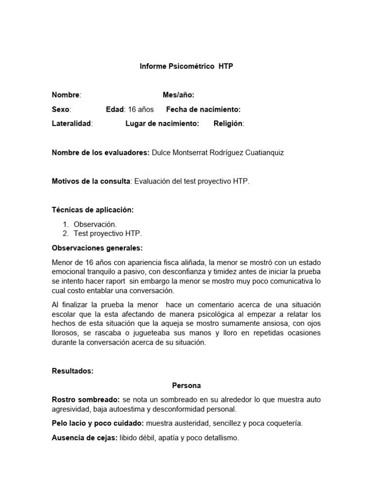 Análisis Psicométrico HTP Adolescente | PDF | Conceptos psicologicos ...