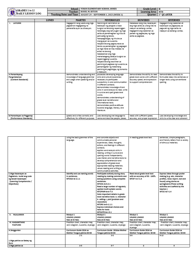 DLL - MTB 2 - Q1 - W1 | PDF