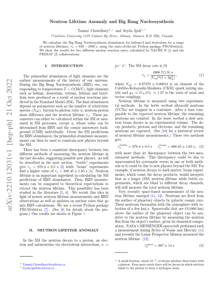 Neutron Lifetime Anomaly and Big Bang Nucleosynthe | PDF