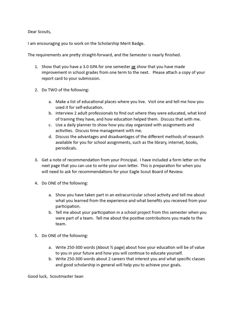 Scholarship Merit Badge Requirements Guide | PDF