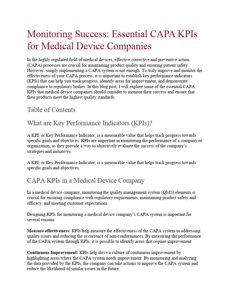 Essential CAPA KPIs for Medical Devices | PDF | Business