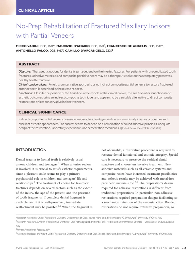 J Esthet Restor Dent 2016 Vadini No Prep Rehabilitation of Fractured Maxillary Incisors
