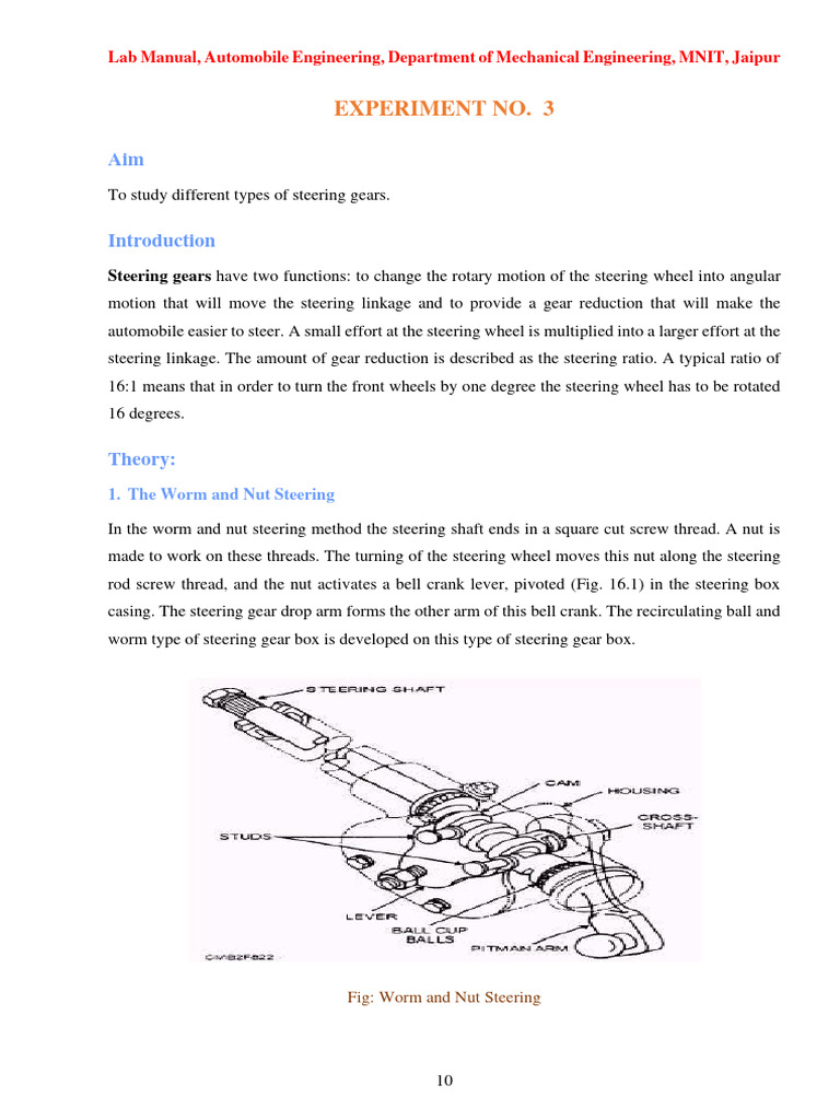 Experiment Number 5 To Study Different Types of Steering Gears | PDF ...