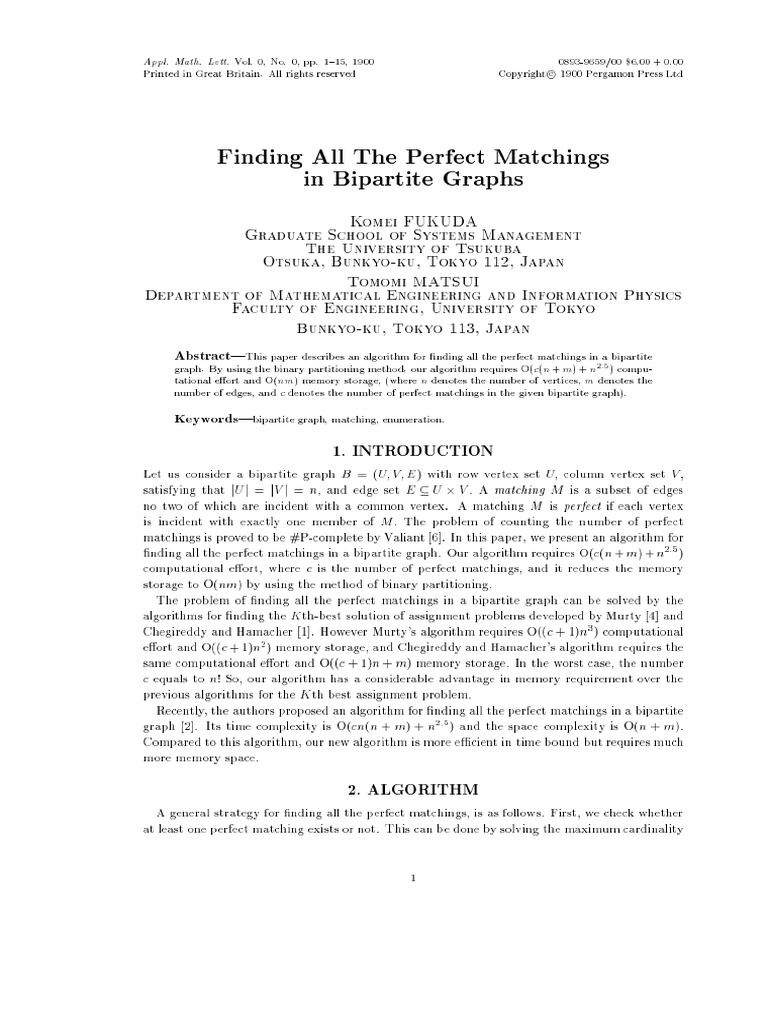 Fukuda1994 finding all the perfect matchings in bipartite graphs pdf
