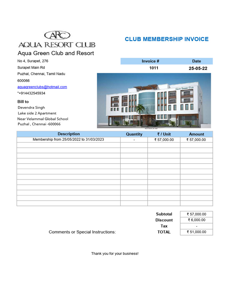 Aqua Green Club Membership Invoice | PDF