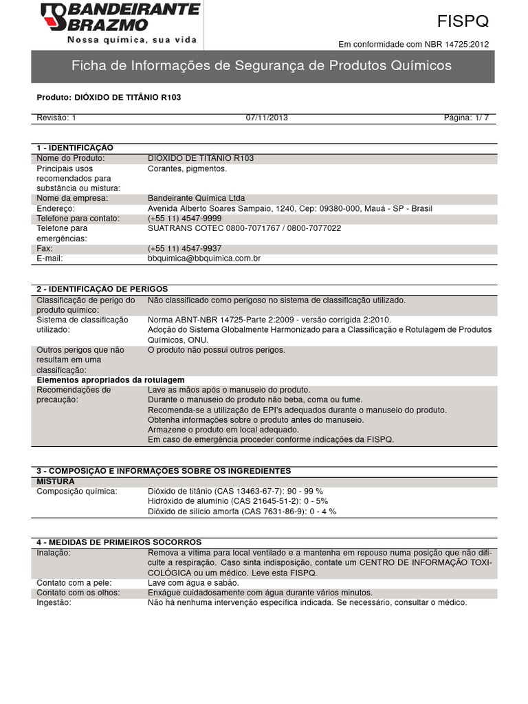 FISPQ Dióxido de Titânio R103 | PDF | Temperatura | Química