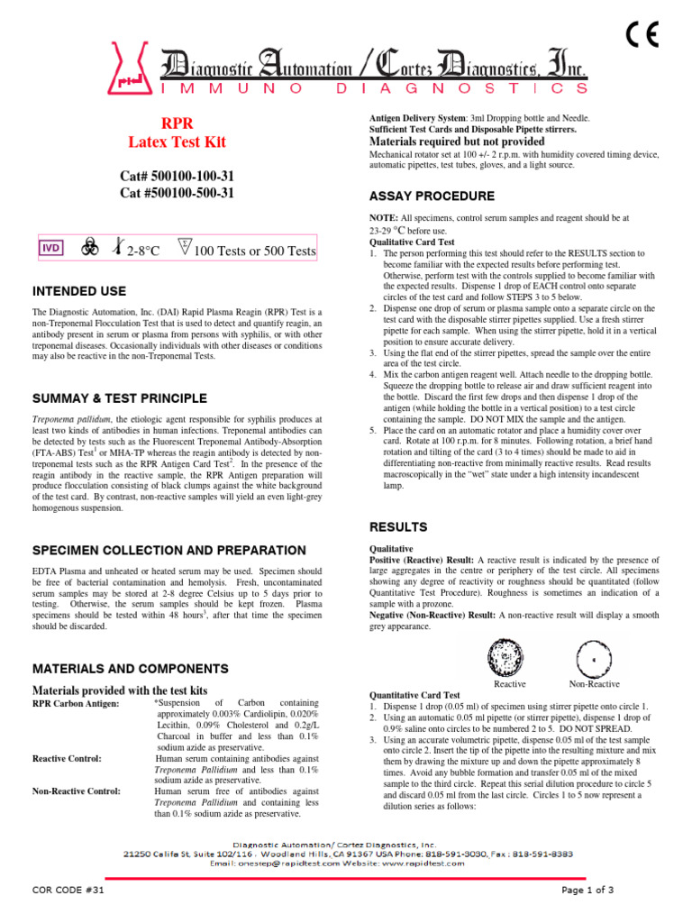 RPR Latex Test Kit Procedure Guide | PDF | Blood Plasma | Antibody