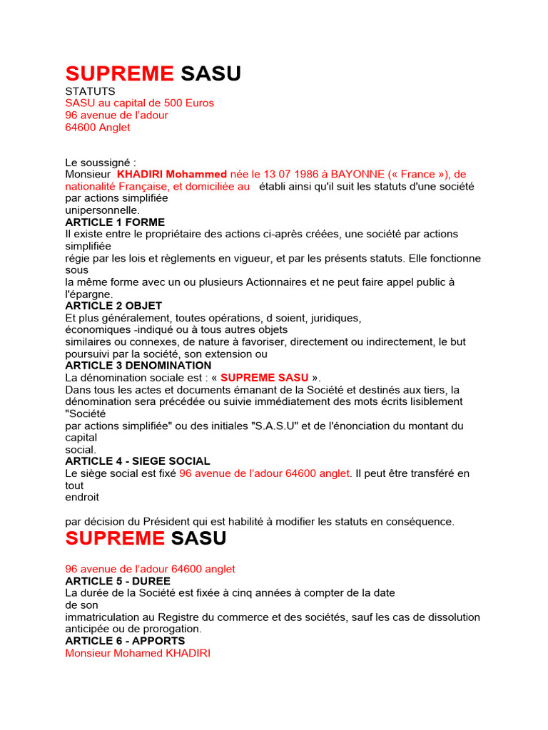 Statuts de la société SUPREME SASU | PDF | Action (Finance) | Économie ...