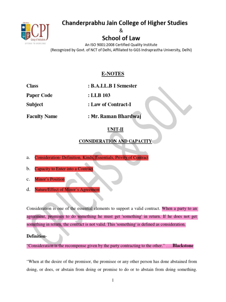 E-Notes Unit 2 - Law of Contract-I - LLB 103 - BALLB I Sem | PDF ...
