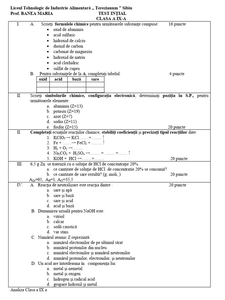 Test Initial Chimie 9 | PDF