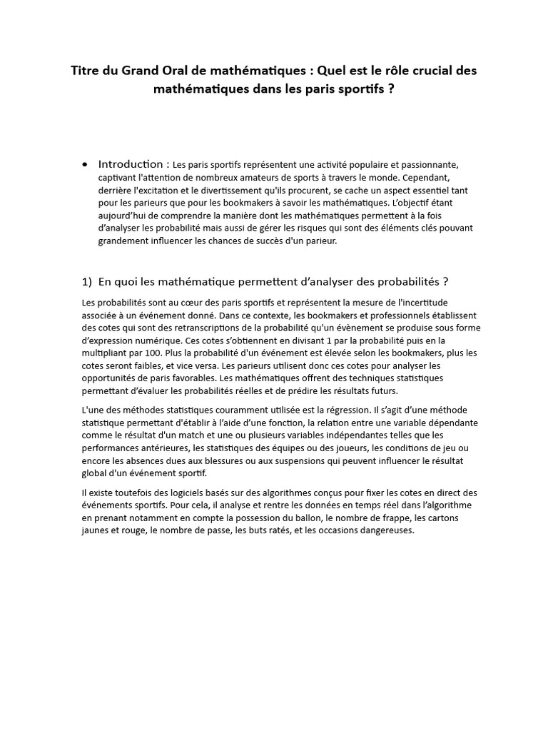 Mathématiques et Paris Sportifs : Analyse des Cotes | PDF | Paris ...