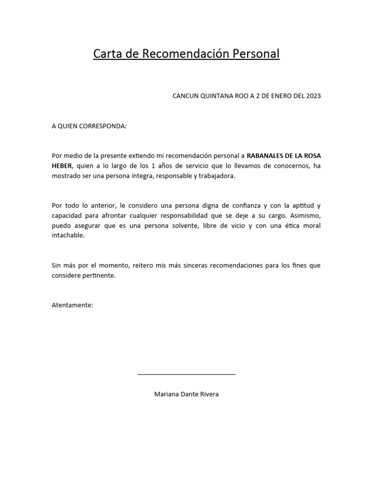 Carta de Recomendación Personal | PDF | Relaciones personales, crianza ...