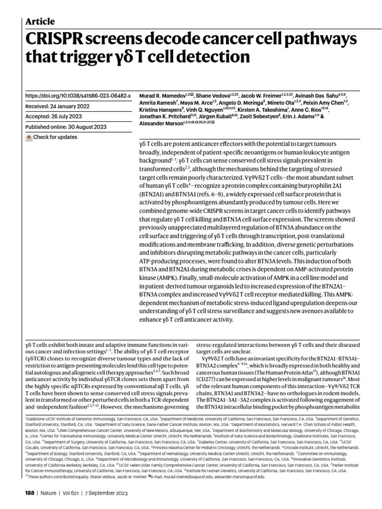 Crispr screens decode cancer cell pathways that trigger t cell