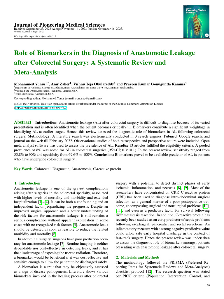 Role of Biomarkers in The Diagnosis of Anastomotic Leakage After ...