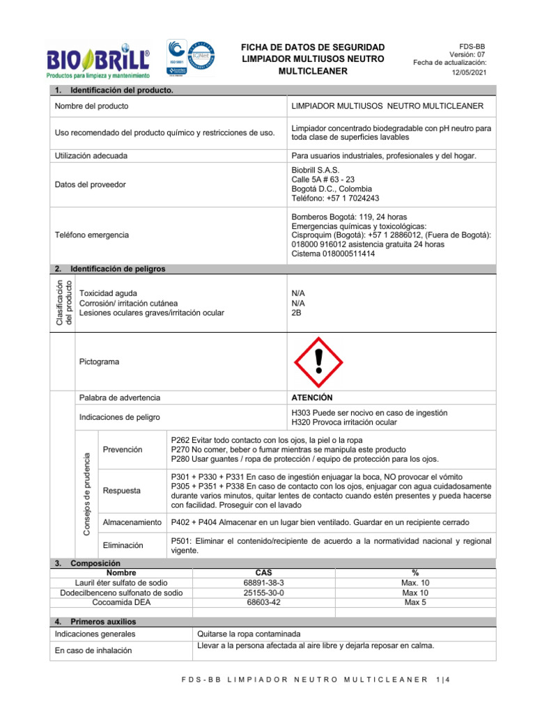 Limpiador Multiusos Neutro Biobrill | PDF | Agua | Toxicidad