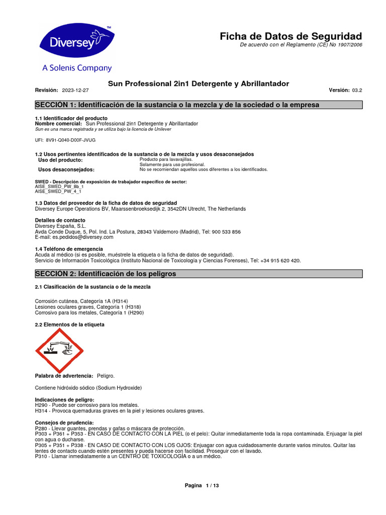 FDS Detergente y Abrillantador | PDF | Química | Ciencias fisicas