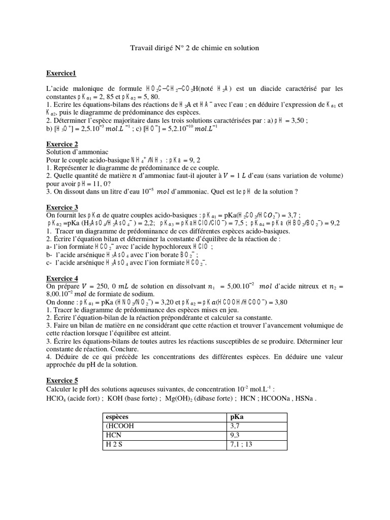 Chimie des solutions : exercices et pH | PDF