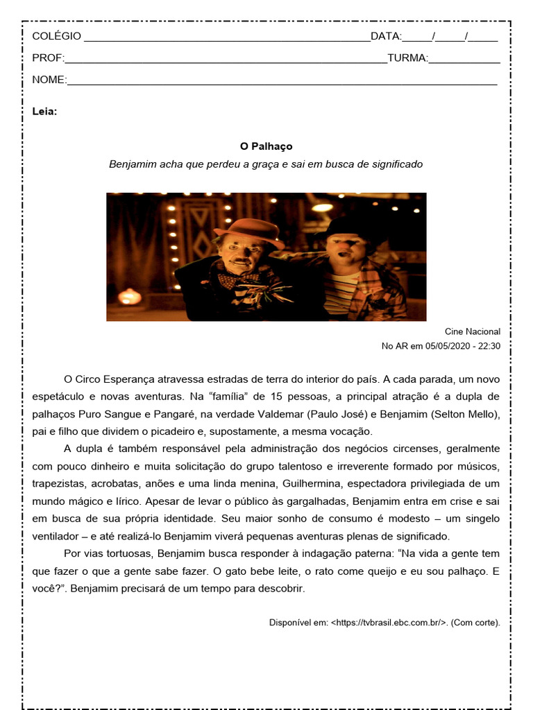 Interpretacao de Texto O Palhaco 8º Ano Word | PDF | Circo | Palhaço