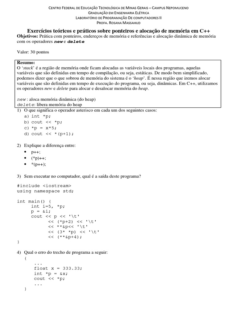 Exercícios de C++: Ponteiros e Memória | PDF | Ponteiro (programação de ...