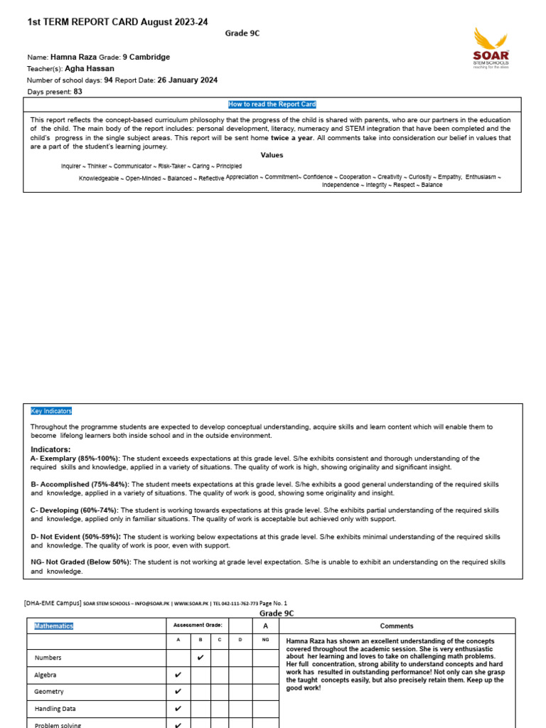 Hamna Raza's Grade 9 Report Card | PDF | Learning | Understanding