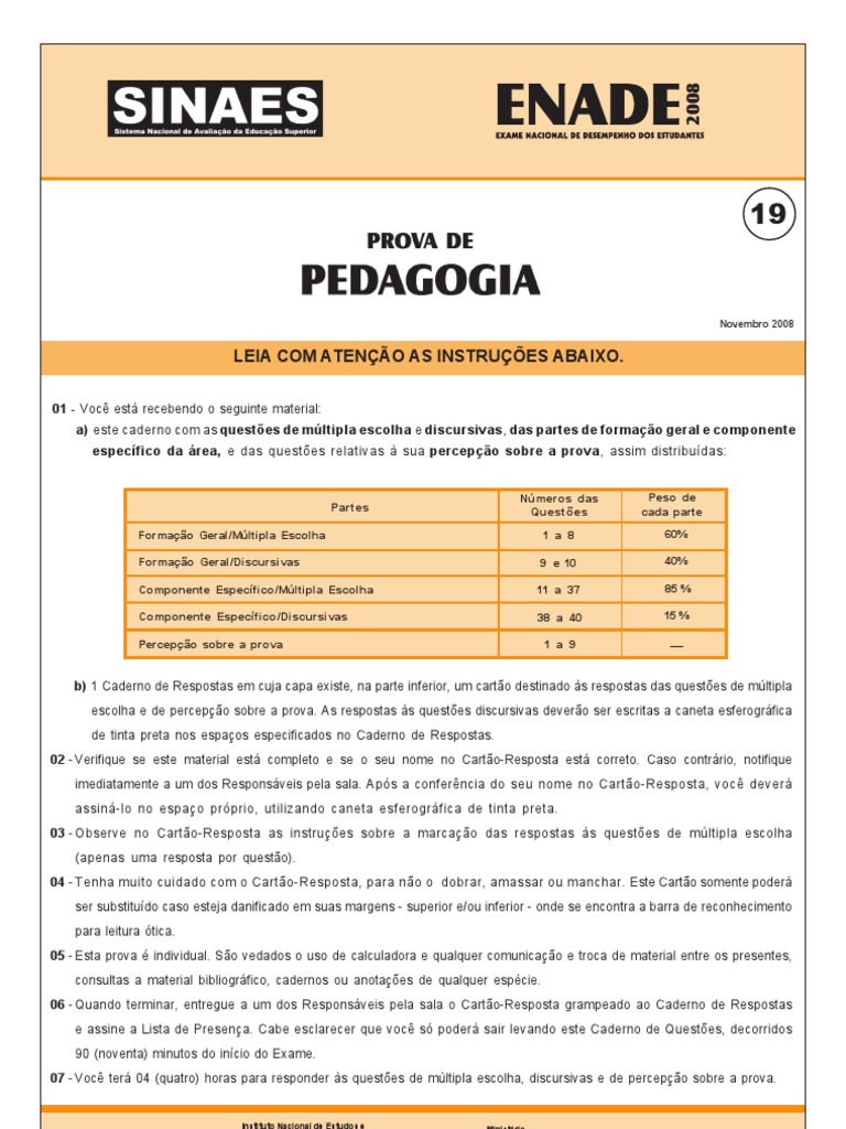 Prova ENADE Pedagogia 2008: Questões e Instruções | PDF | Programa para ...
