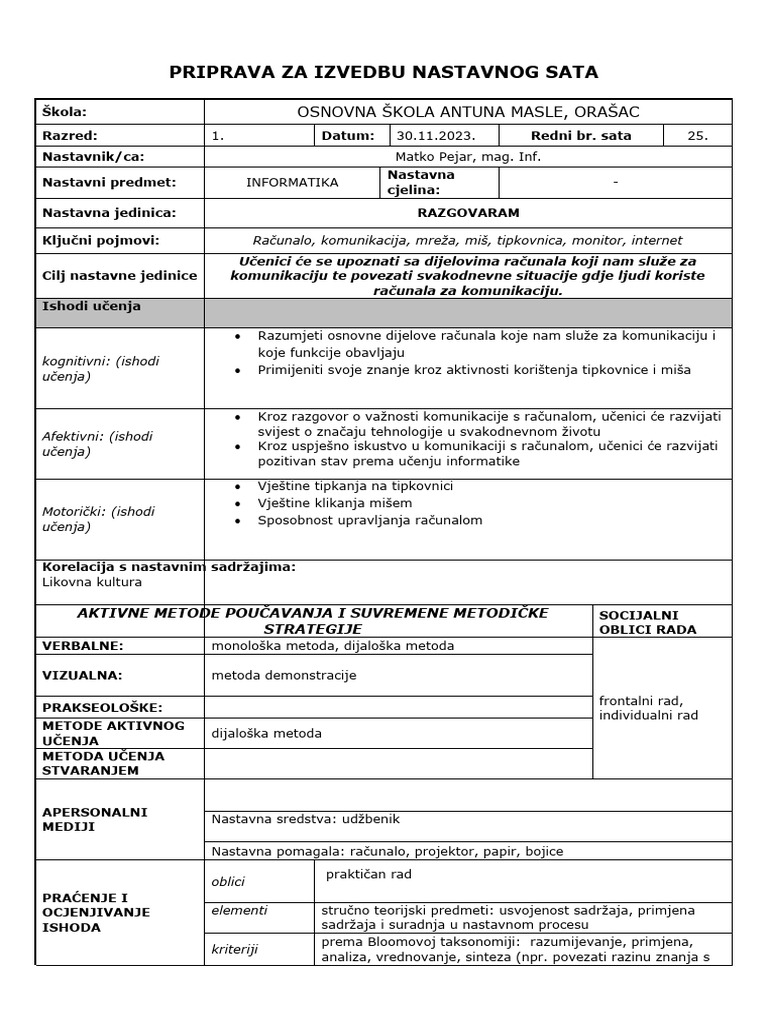 Priprema Za Nastavni Sat Matko Pejar 1 Razred Razgovaram PDF