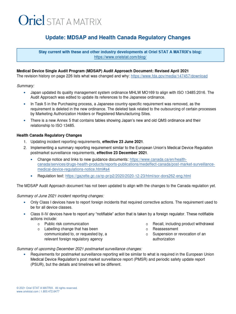 Update: MDSAP and Health Canada Regulatory Changes | PDF | Medical ...