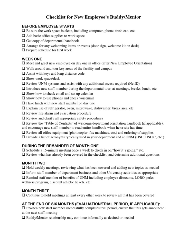 Buddy Mentor Checklist for New Employee PDF