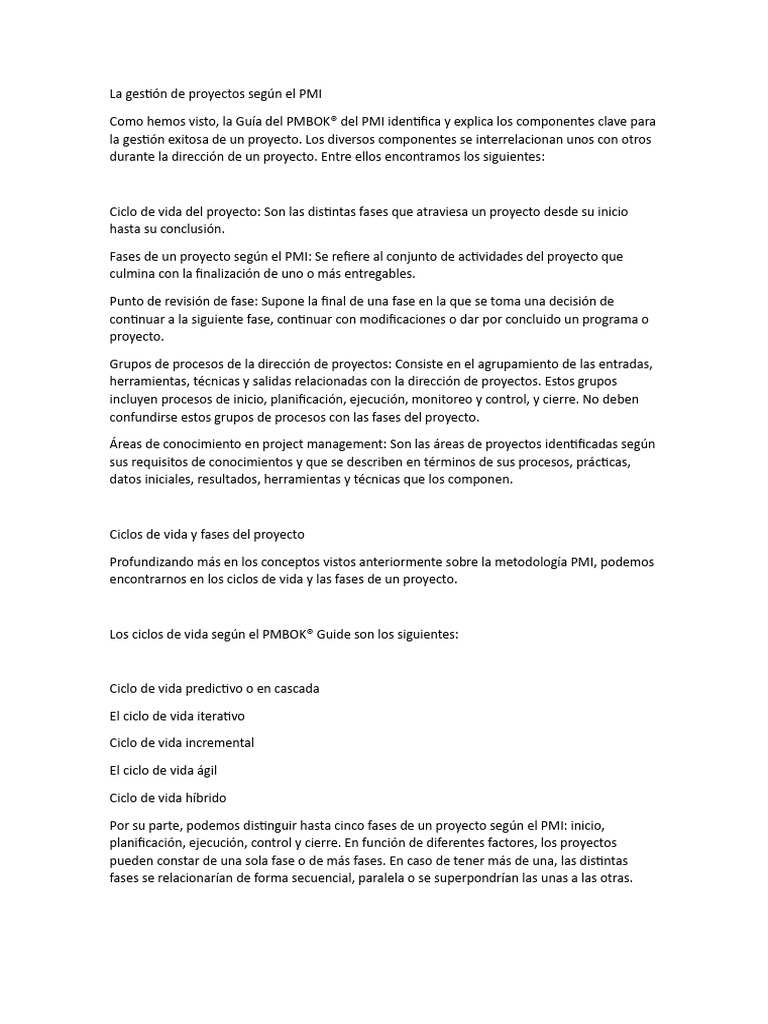 La Gestión de Proyectos Según El PMI | PDF | Gestión de proyectos ...
