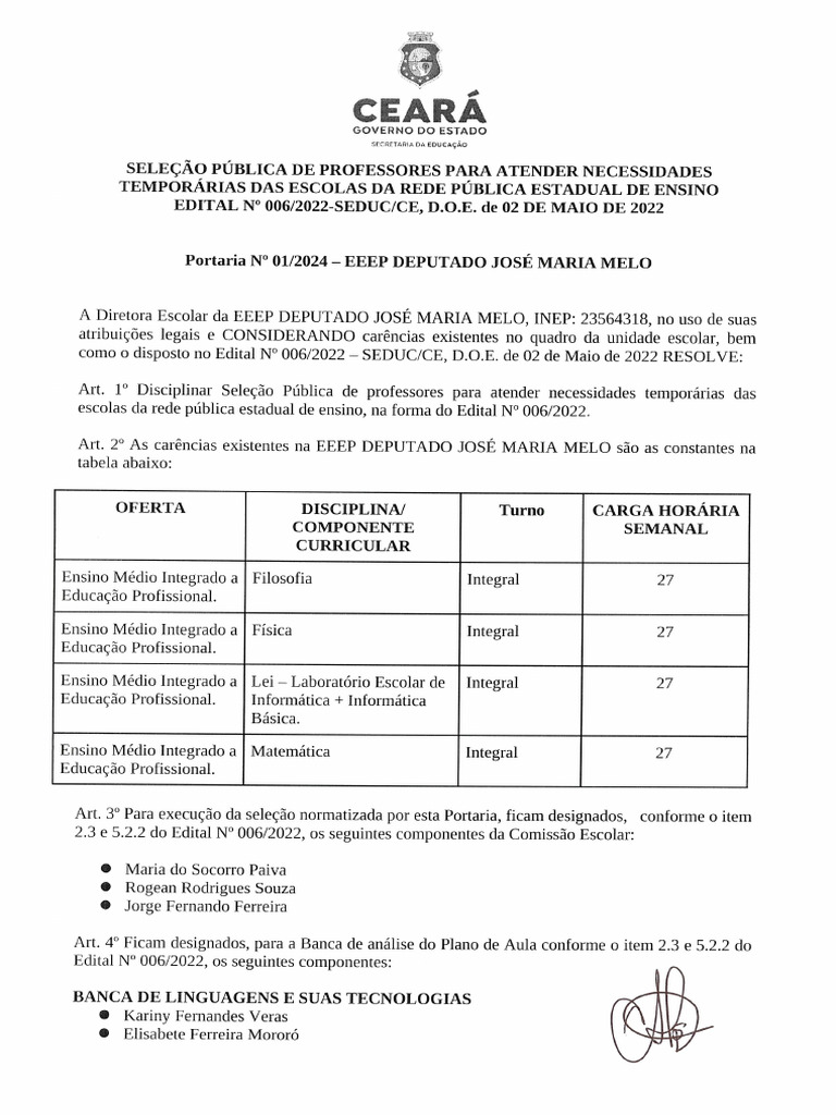 CREDE 05 - EEEP DEPUTADO JOSE MARIA MELO - 23564318 - Portaria Nâº 01 ...