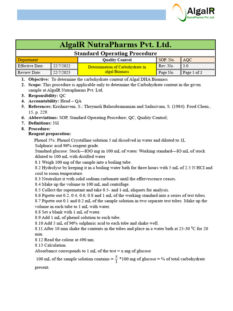 Determination of Carbohydrate by Phenol Sulphuric Acid PDF Glucose