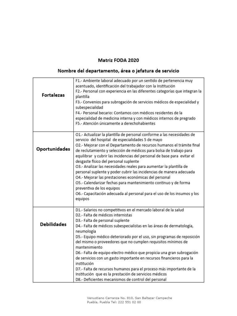 Análisis FODA del Departamento de Salud | PDF | Análisis FODA | Gestión ...