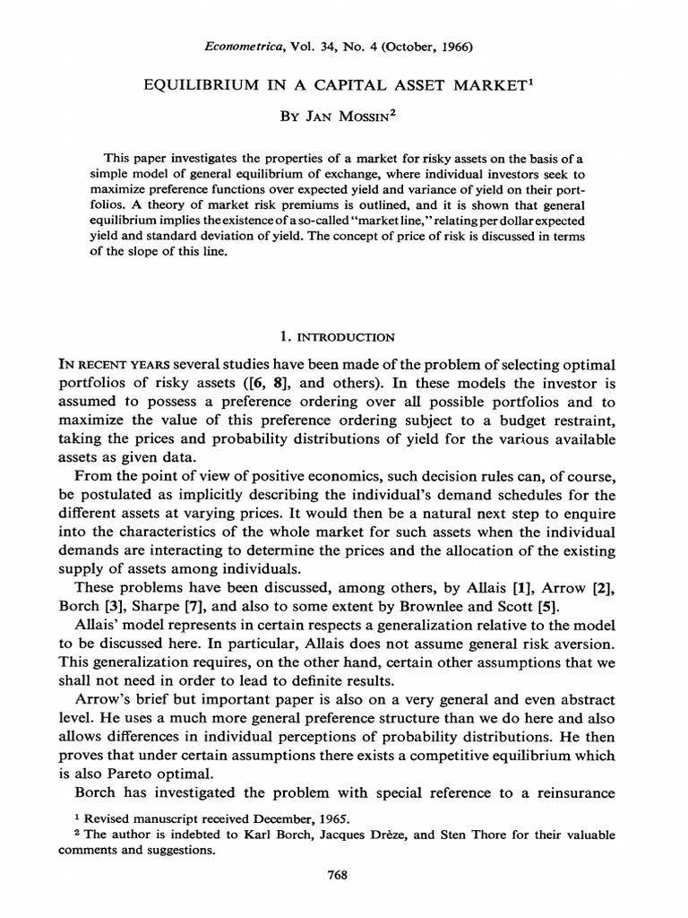 Equilibrium in Capital Asset Markets | PDF | Modern Portfolio Theory ...