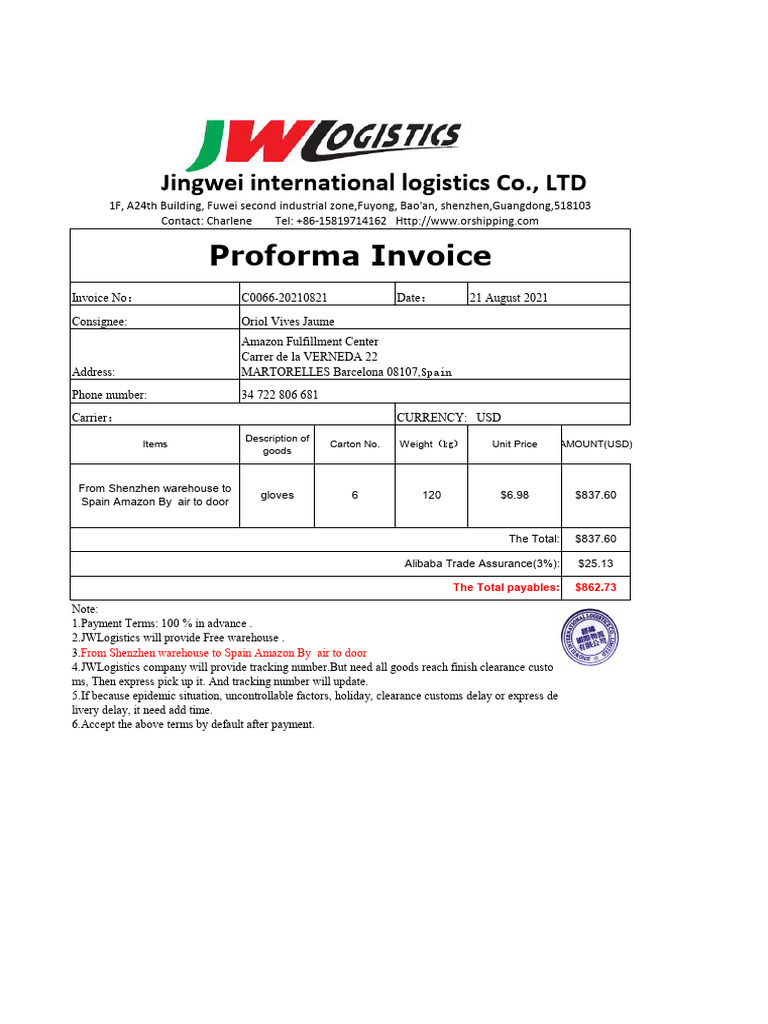 Proforma Invoice for Air Freight to Spain | PDF