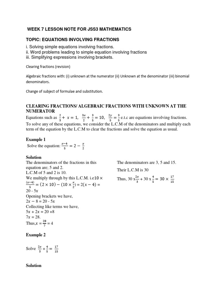 1705 Week 7 Lesson Note For Jss3 Mathematics Download Free PDF Equations Arithmetic