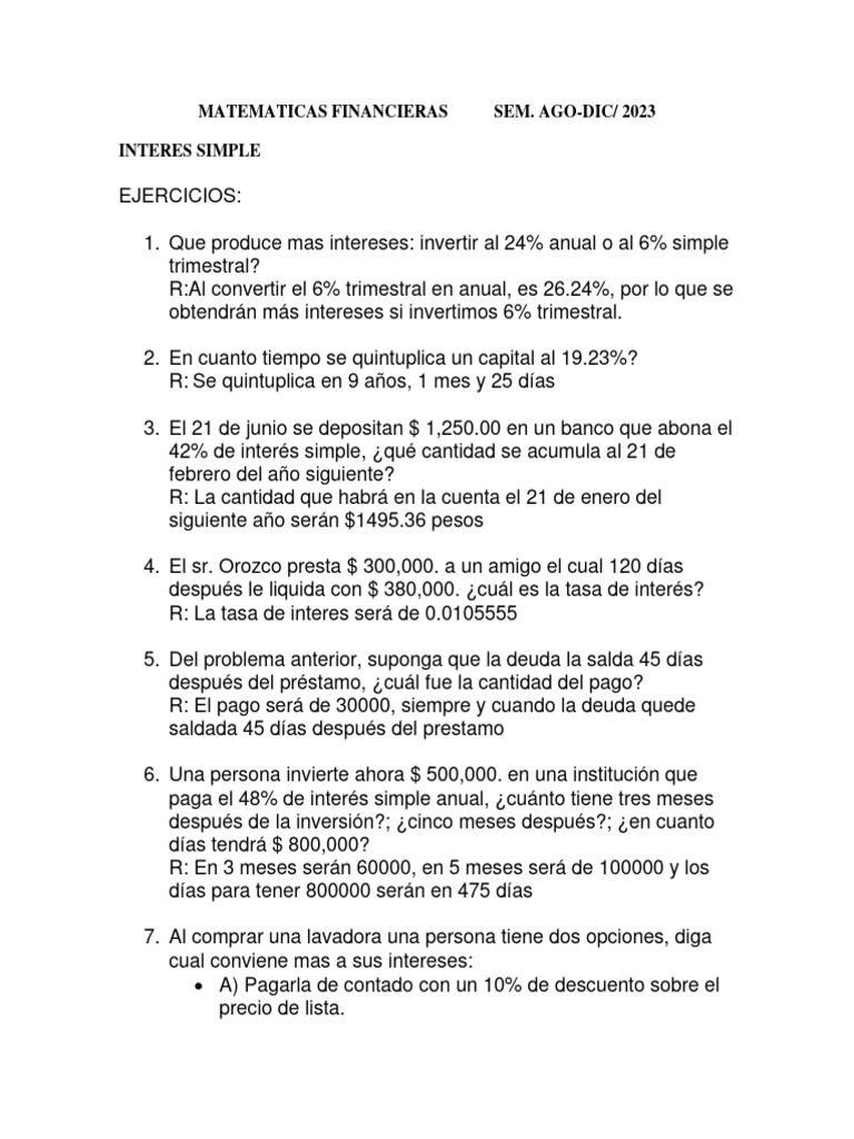 MATEMATICAS FINANCIERAS Interes Simple | PDF | Finanzas y dinero | Derecho