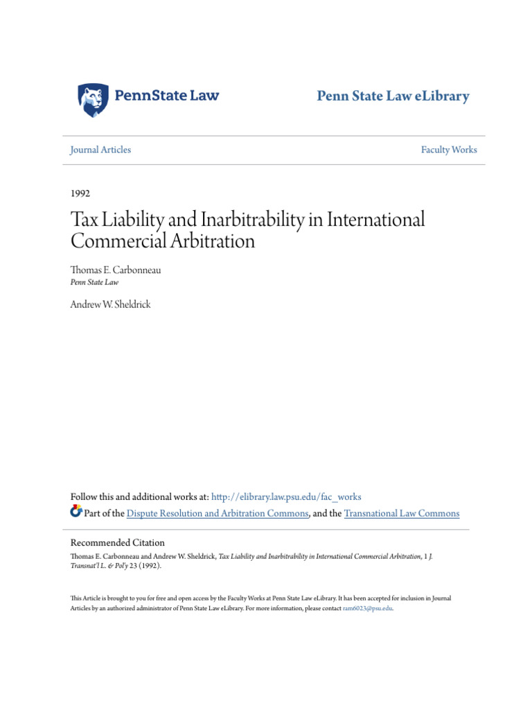 Tax Liability and Inarbitrability in International Commercial Arb PDF Arbitration Common Law